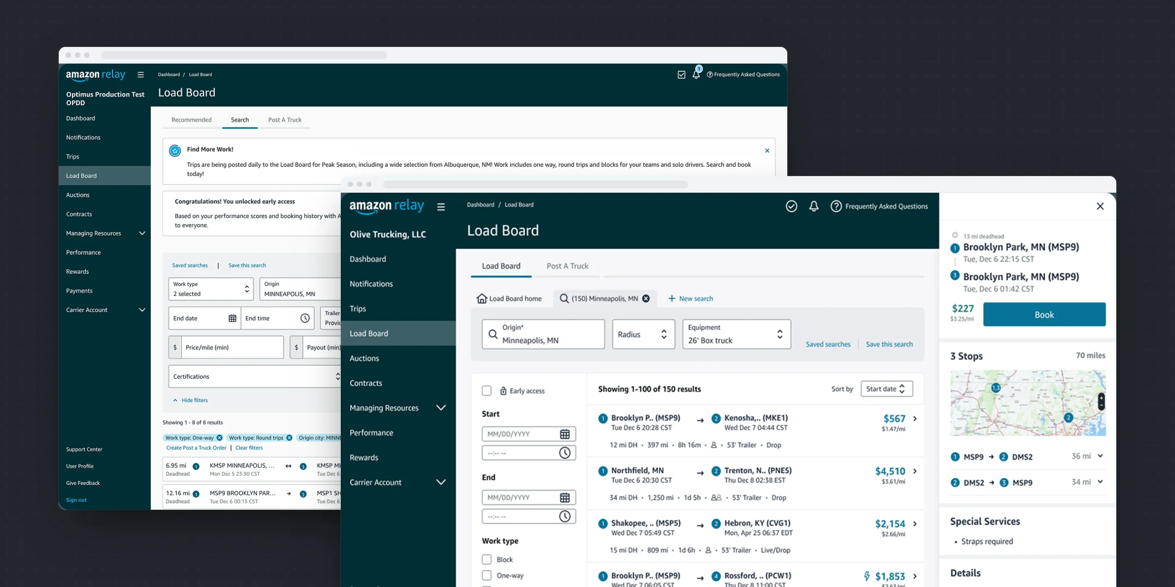 The Relay Load Board before and after the redesign, shown as two overlapping browser windows