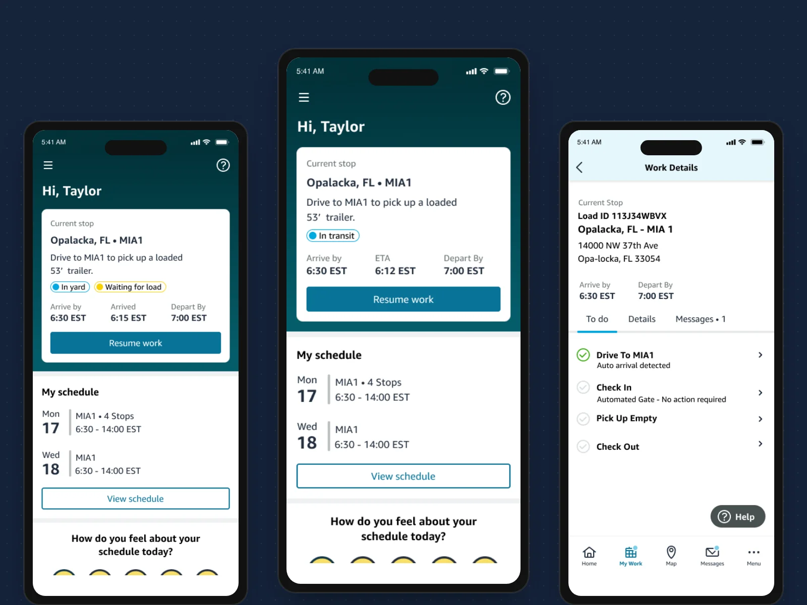 The redesigned Relay home screen, weekly schedule and current stop screen