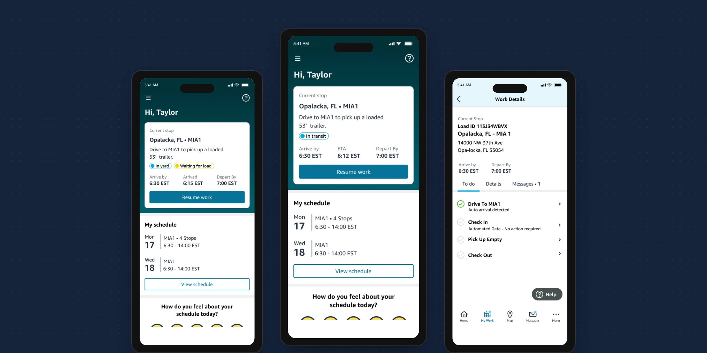 Three Relay for Drivers screens in phone mockups, showing the redesigned home screen at the yard, the in-transit view and the tasks concept