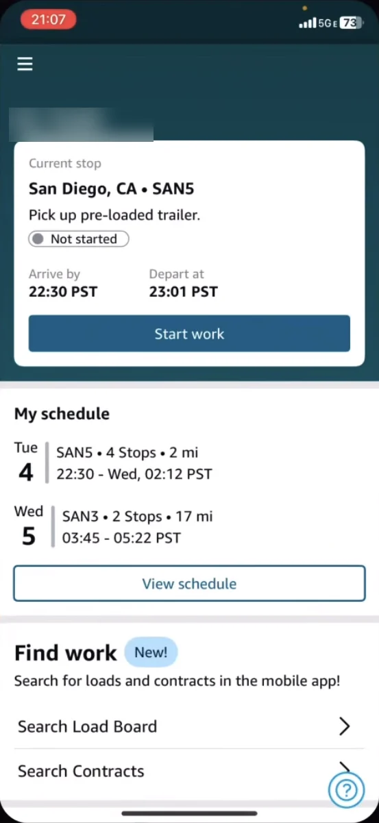 The Relay home screen in use, with a current stop card for San Diego and a Start work button, a My schedule card with two upcoming trips, and a new Find work card linking to Search Load Board and Search Contracts.