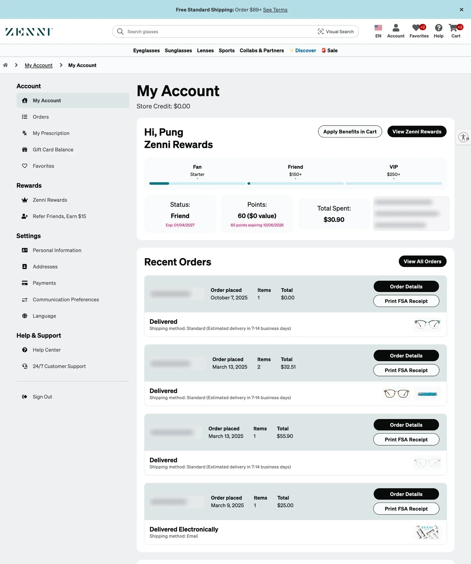 The redesigned My Account dashboard: a navigation panel grouped into Account, Rewards, Settings and Help and Support, a Zenni Rewards card with tier progress and points, and recent orders as cards with Order Details and Print FSA Receipt buttons.