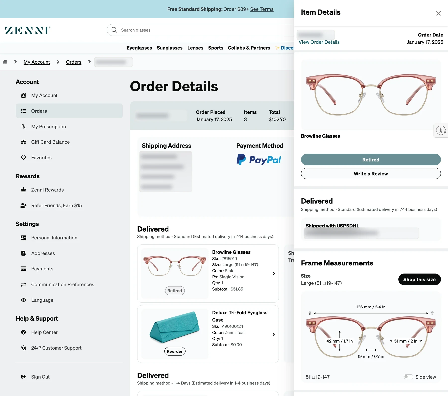 Order Details with the item details panel open: the frame image, Retired and Write a Review buttons, delivery status, and a Frame Measurements diagram with lens width, bridge, temple length and a Shop this size button.