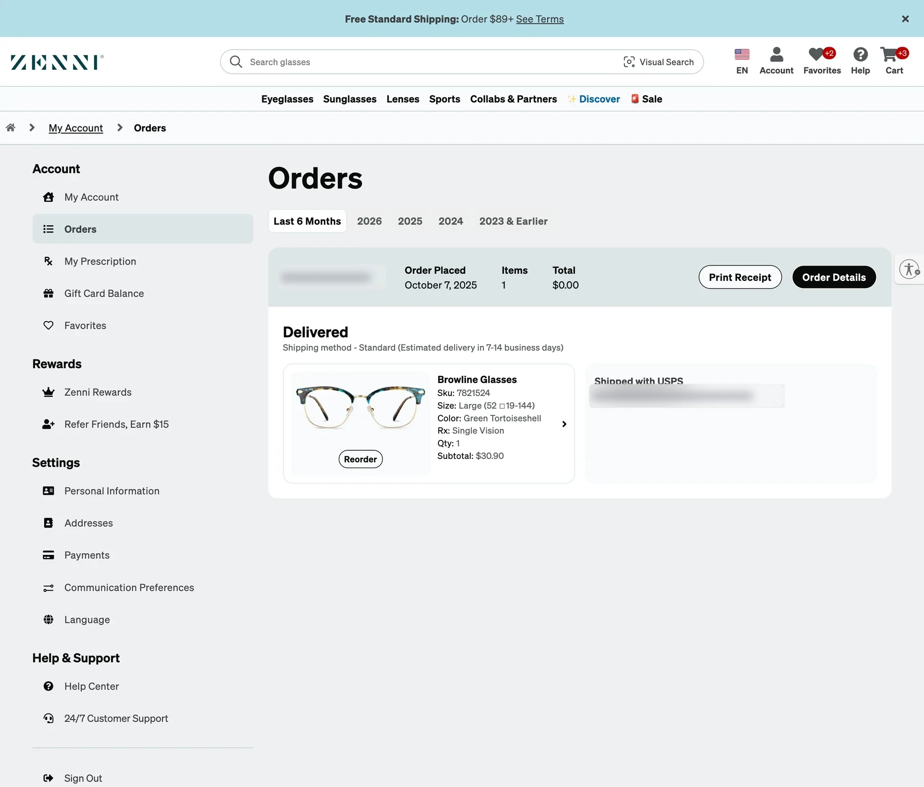 The Orders page: tabs for Last 6 Months, 2026, 2025, 2024 and earlier, and an order card with order date, items, total, Print Receipt and Order Details, the delivered item and its USPS shipment.