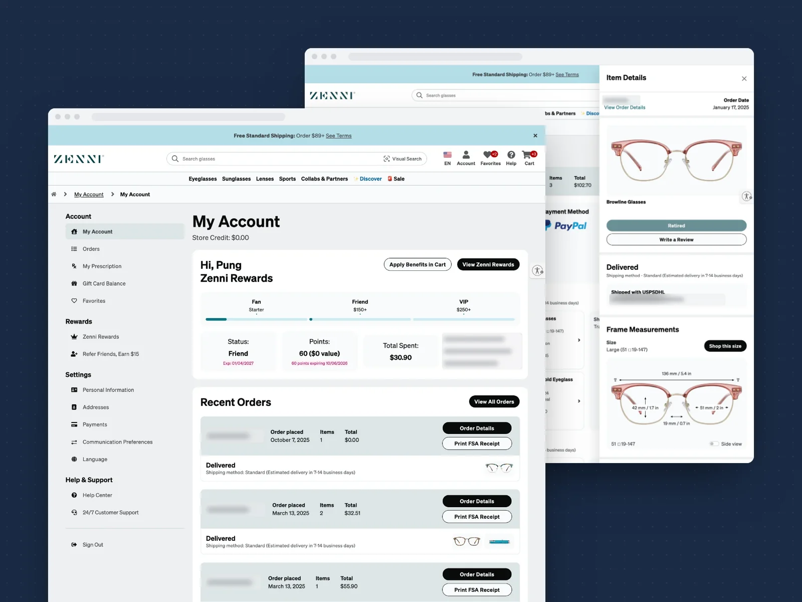 The redesigned Zenni My Account dashboard, with a left navigation panel, Zenni Rewards status and recent orders