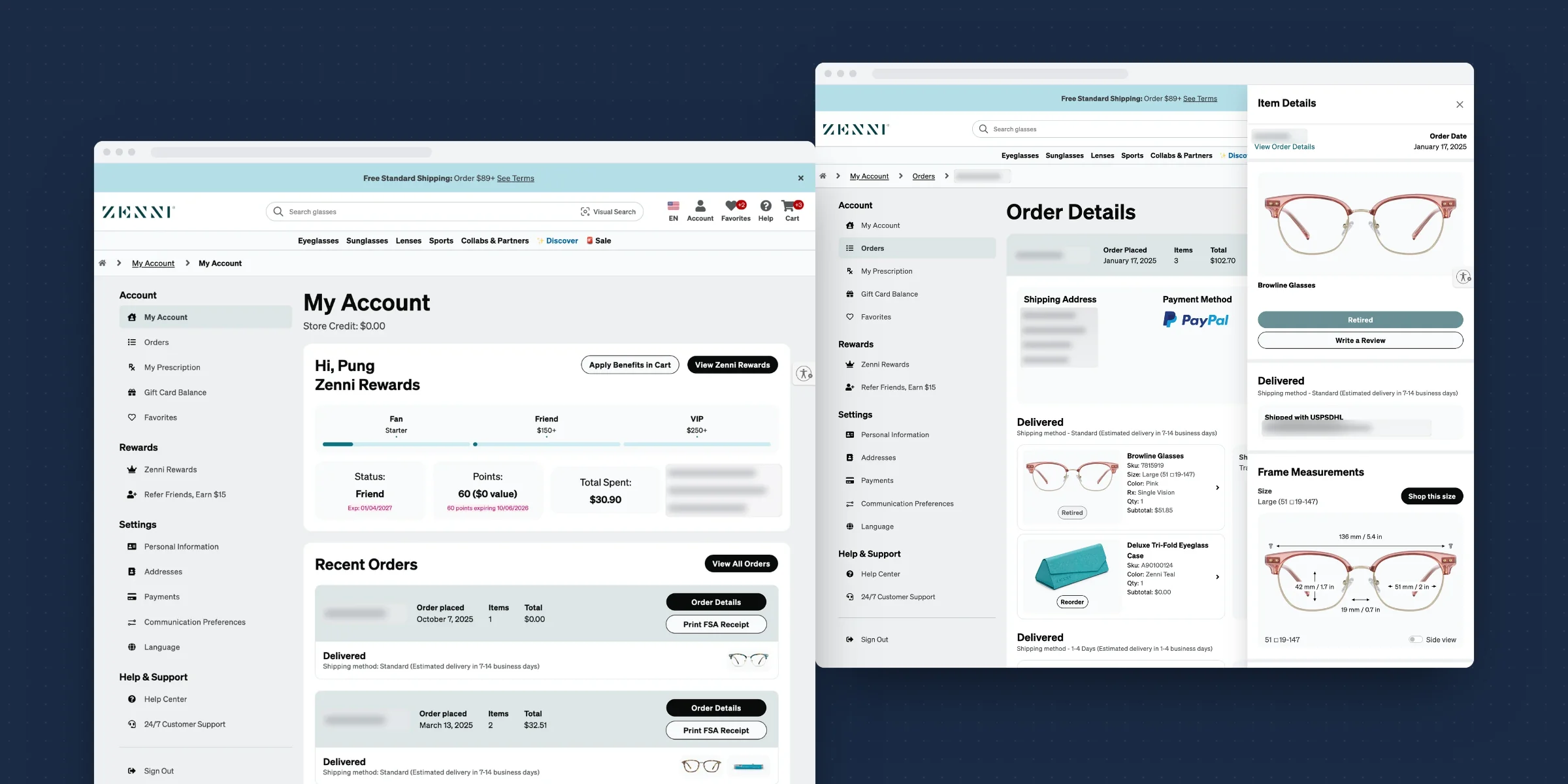 The redesigned Zenni My Account dashboard in a browser window, in front of the new Order Details page