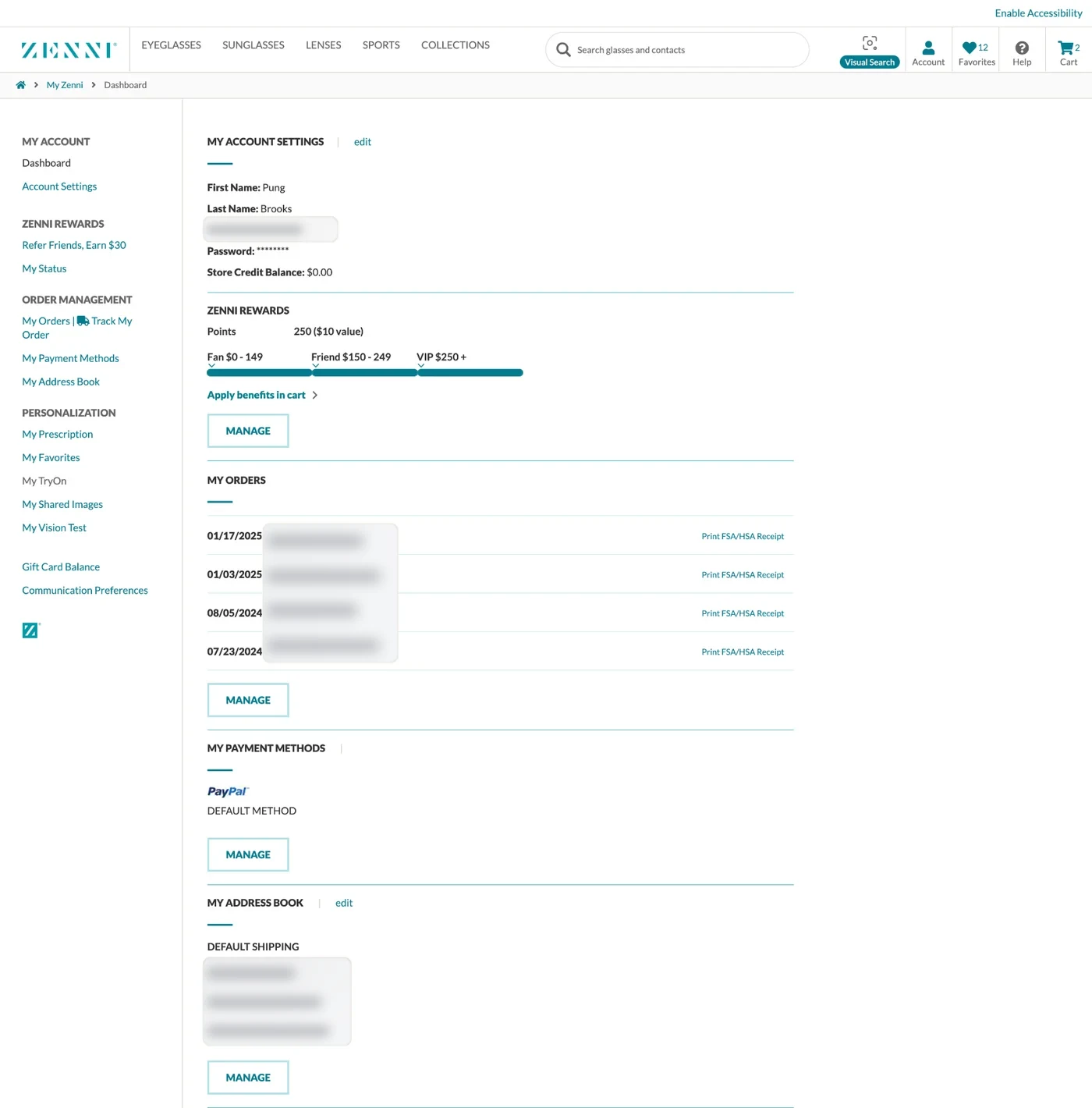 The legacy My Account dashboard: a plain text navigation of Zenni links, then stacked sections for account settings, Zenni Rewards points, a text list of orders, payment methods and the address book, each with a Manage button.