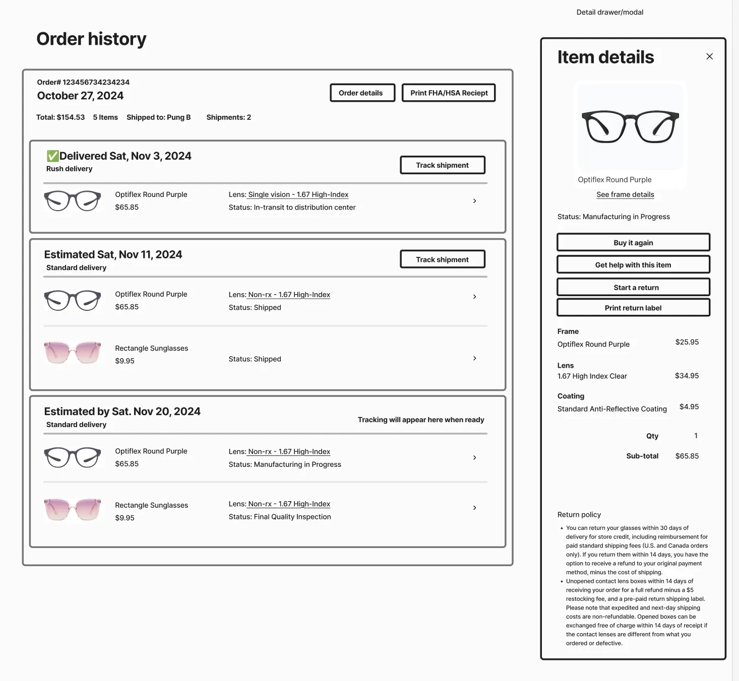 Low-fidelity wireframe: an order history with order cards grouped by estimated delivery date, each item with its status, and an item details drawer with Buy it again, Get help with this item, Start a return and Print return label.