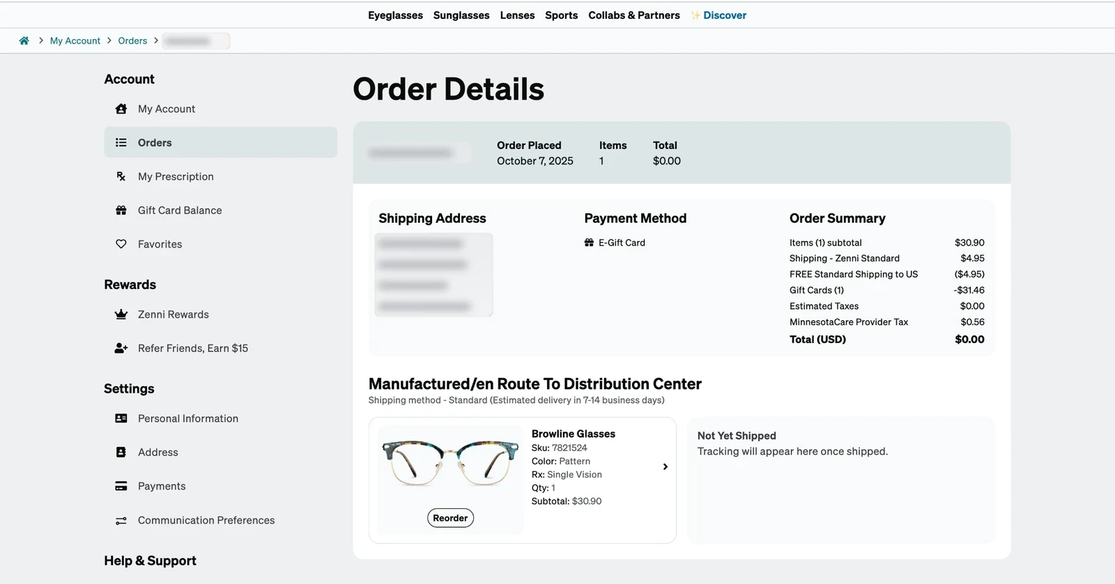 The legacy Order Details page: the heading Manufactured/en Route To Distribution Center, Shipping method Standard, estimated delivery in 7-14 business days, and a Not Yet Shipped panel saying tracking will appear once shipped.