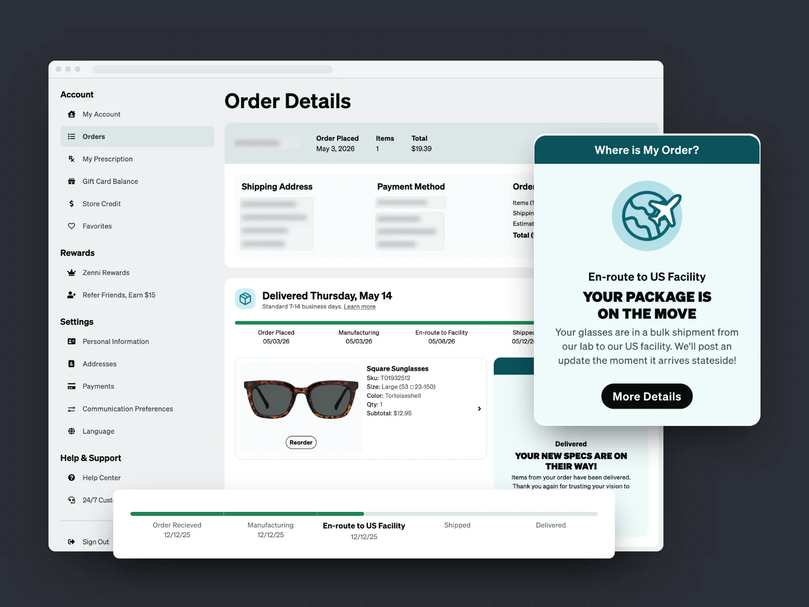 The shipped Order Details page with a five-step tracker from Order Placed to Delivered, and a Where is My Order card beside the item