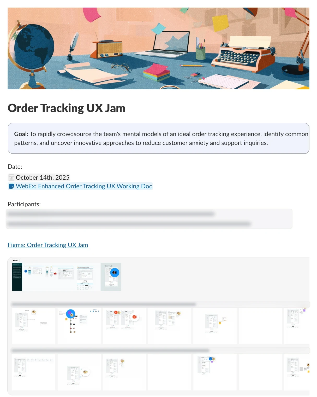 The Order Tracking UX Jam canvas in Slack: the goal of crowdsourcing the team's mental models of an ideal order tracking experience, the date October 14, 2025, and a Figma board with each participant's tracker sketches in a grid.