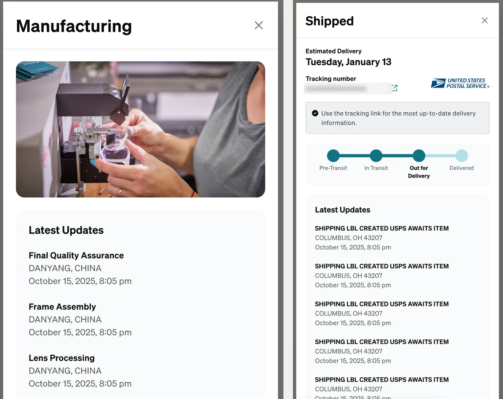 Two details drawers. Manufacturing: a photo of a lab technician fitting lenses, then latest updates for final quality assurance, frame assembly and lens processing. Shipped: estimated delivery Tuesday, January 13, a carrier tracker at Out for Delivery, and the latest carrier updates.