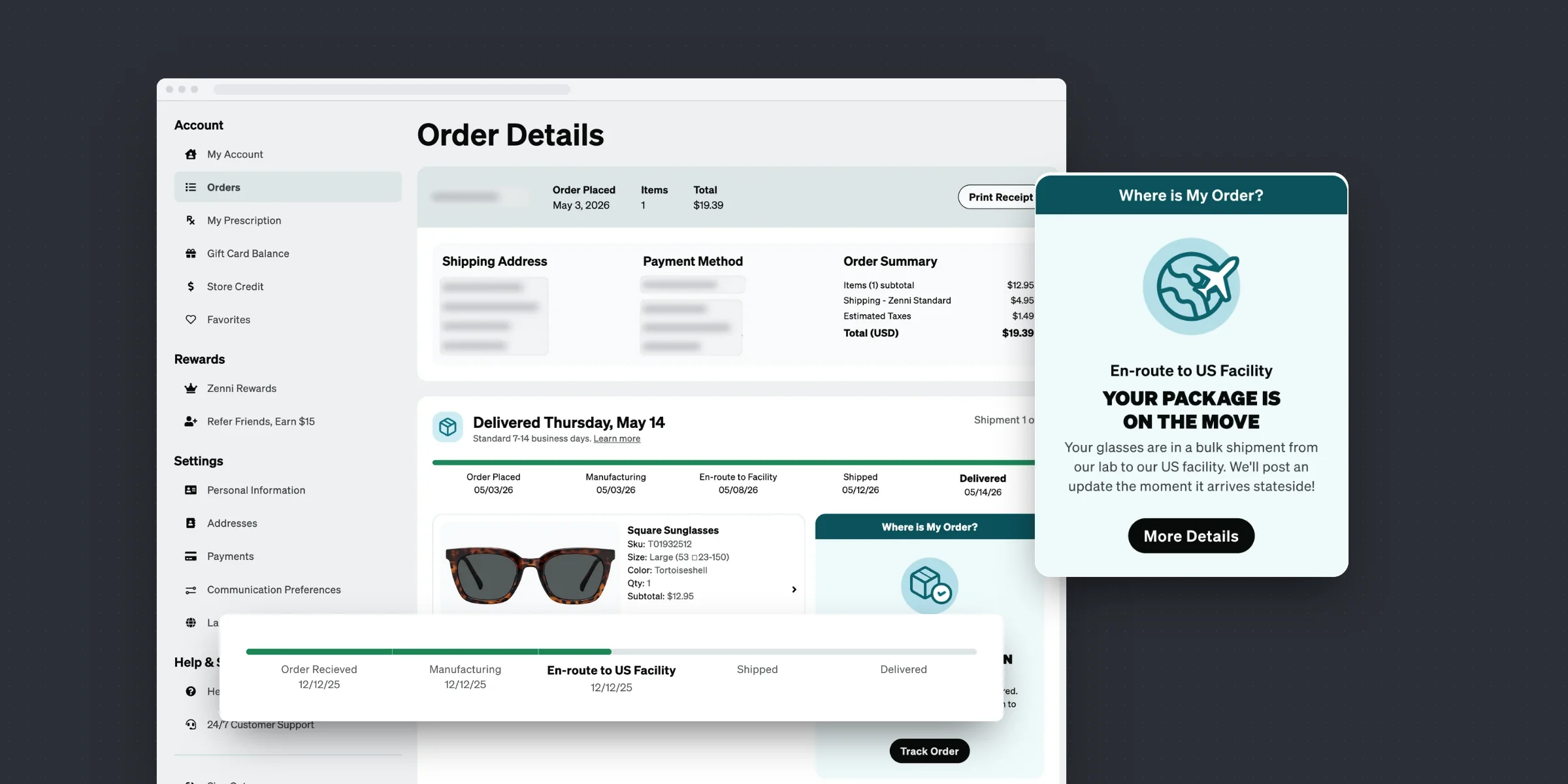 The shipped Zenni Order Details page in a browser window, with the Where is My Order card and the five-step milestone tracker floating beside it