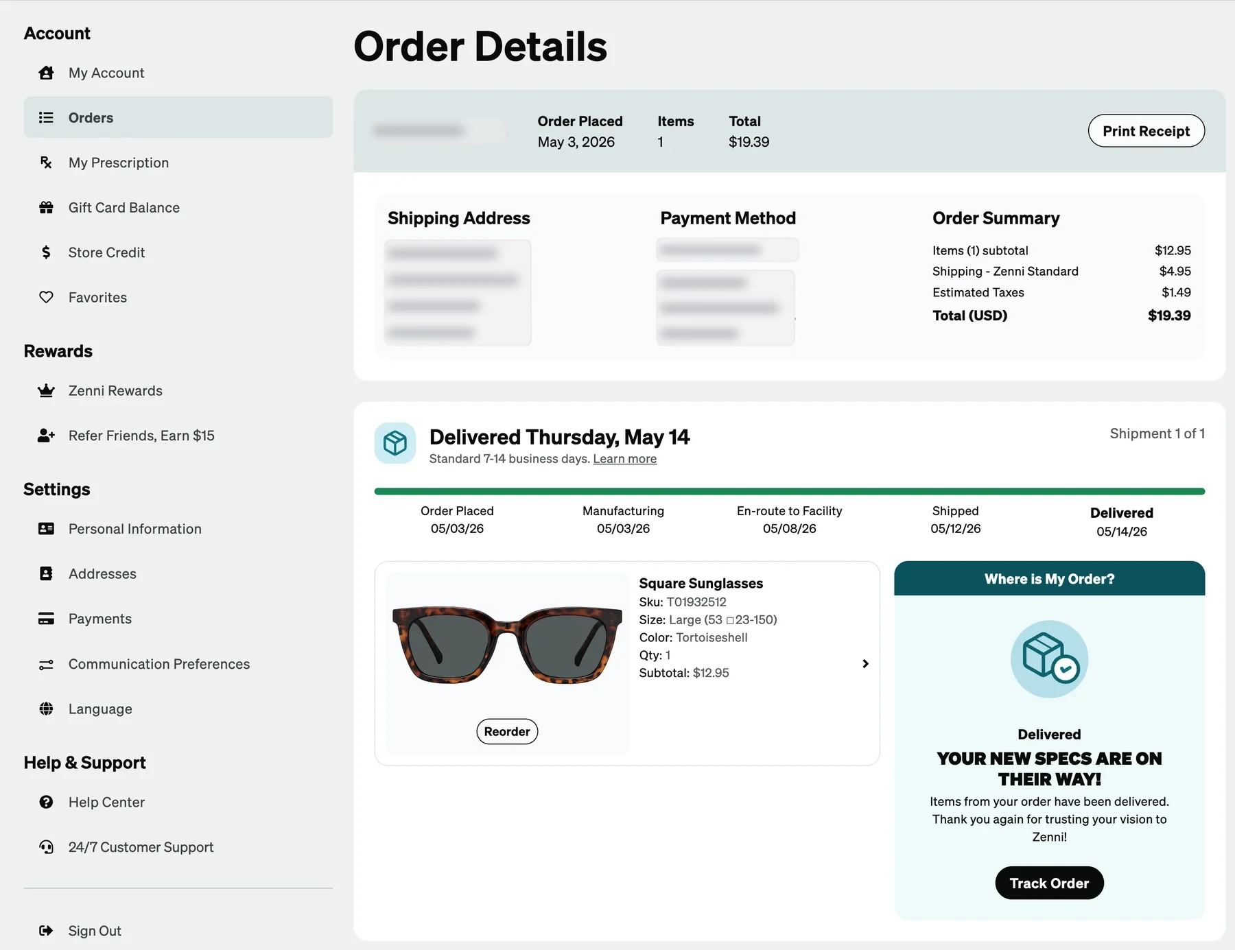 The shipped Order Details page: a Delivered Thursday, May 14 header for Shipment 1 of 1, a five-step tracker from Order Placed through Manufacturing, En-route to Facility and Shipped to Delivered with a date under each, and a Where is My Order card saying your new specs are on their way, with a Track Order button.