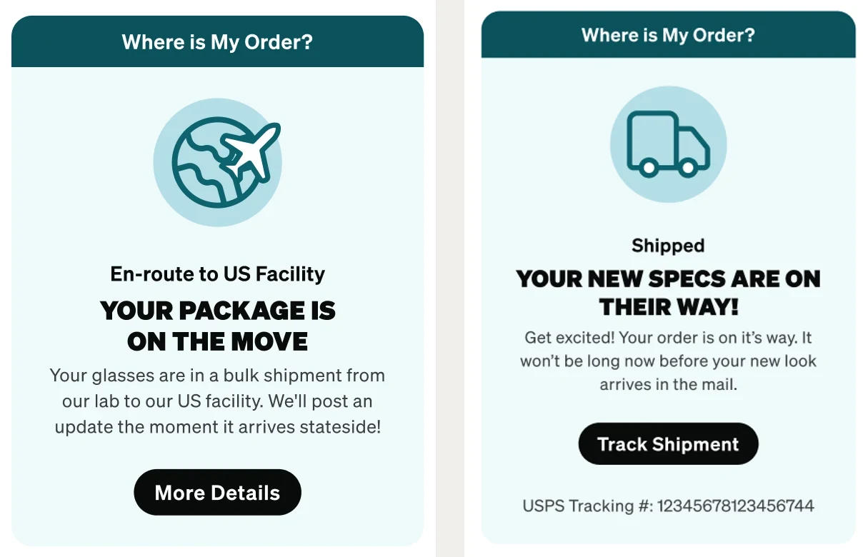 Two Where is My Order cards. En-route to US Facility: Your package is on the move, explaining the bulk shipment, with a More Details button. Shipped: Your new specs are on their way, with a Track Shipment button and a USPS tracking number.