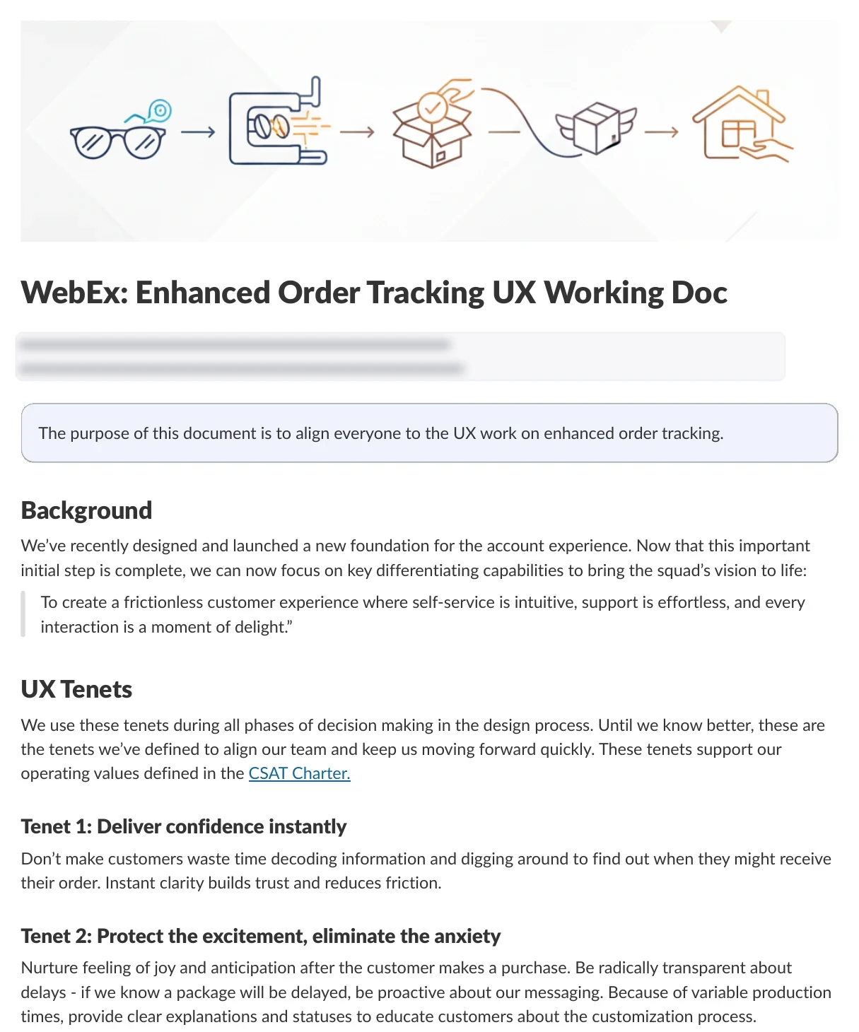 The Enhanced Order Tracking UX Working Doc in Slack: a header illustration of glasses moving from lab to box to home, the purpose of the document, background with the squad's vision, and the UX tenets.
